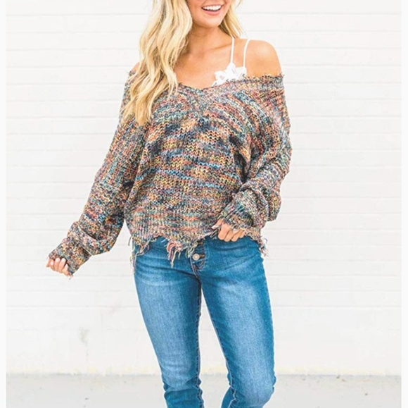 New Distressed fringe Off shoulder V neck sweater - Picture 4 of 6